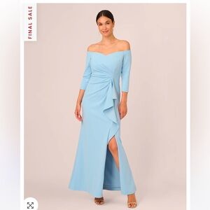 Adrianna Papell, off the shoulder, blue mist gown, size 14, brand new with tags